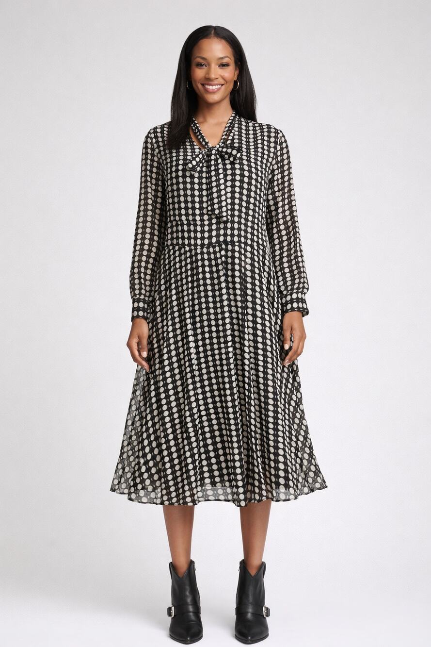 Chicos Chiffon Clip Dot Tie Neck Midi Dress Polka Dot Black Womens 14 Size 2.5